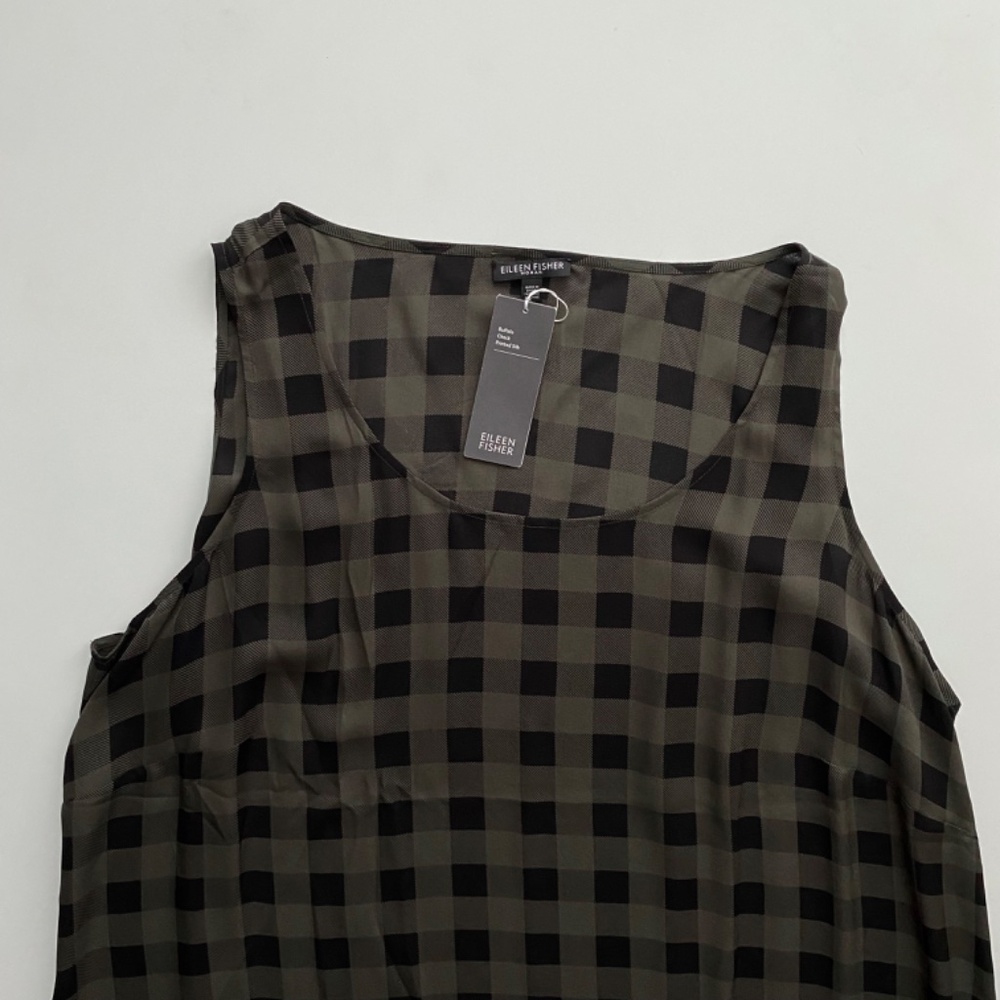 Eileen Fisher Olive Green and Black Check Sleeveless Tunic - Picture 2 of 4